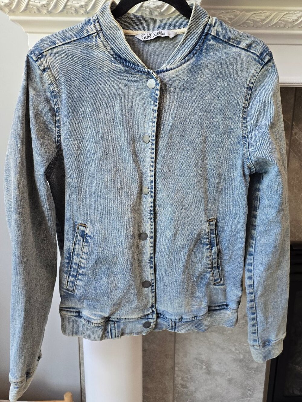 Suko Jeans Acid Wash Denim Bomber Jacket - Women's Size M - Stretch Gray/Blue